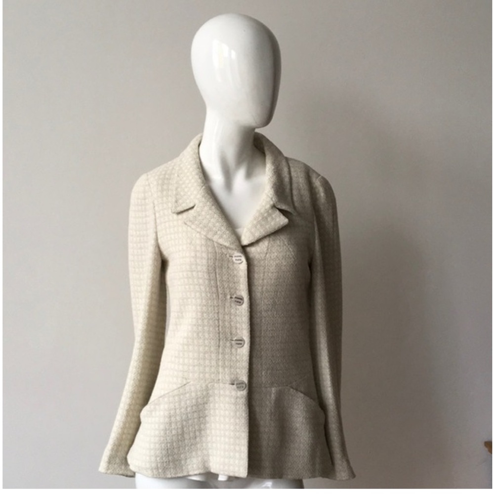 Chanel Vintage Tweed Cream Light Gray Wool Blend Long Sleeve Jacket | Sz 8 EU40